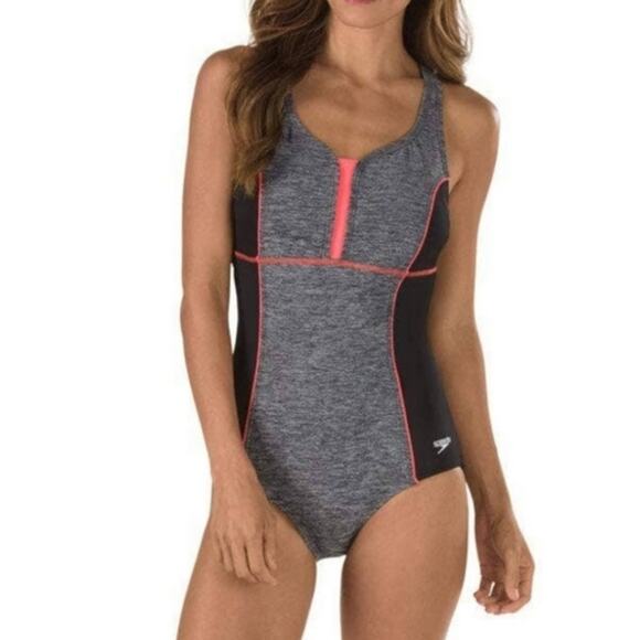 💗 3/$10 💗 Speedo Slimming Gray Black One Piece Swimsuit Medium EUC - Picture 2 of 6